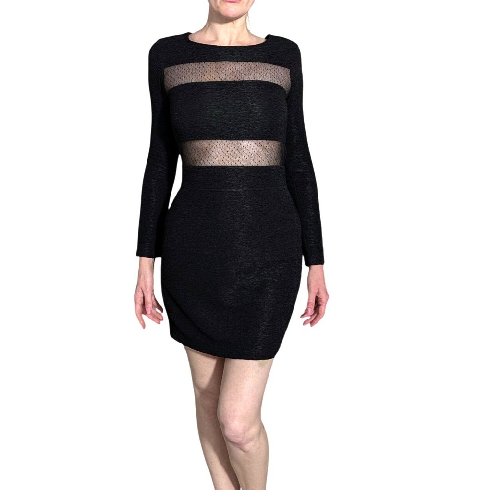 BCBGeneration‎ Black Mesh Cutout Long Sleeve Bodycon Dress Y2K Club Party Sz 6